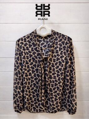 RIANI – Brown, Beige & Navy Leopard Print Sheer Blouse (Size 10 / 42)